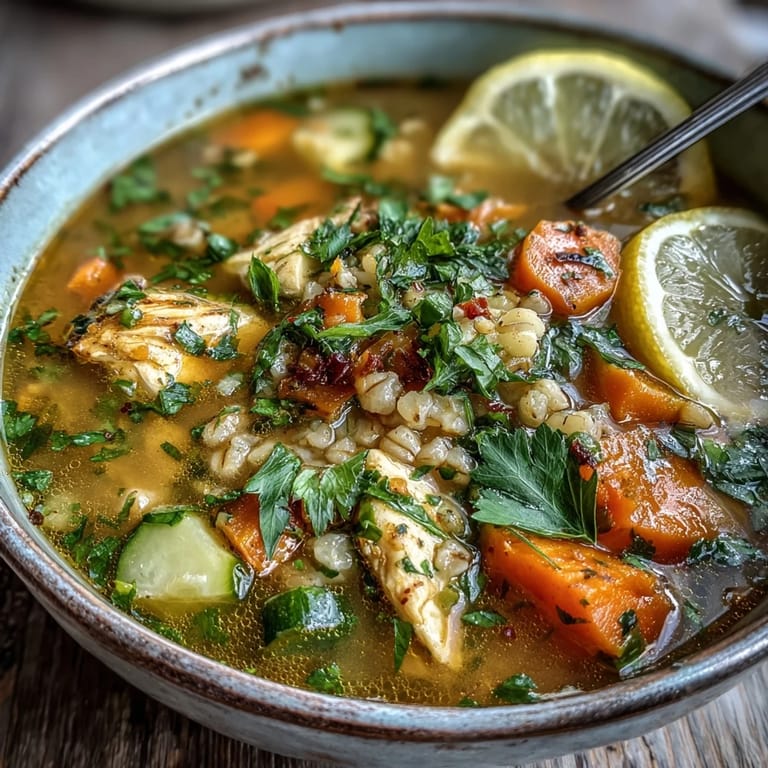 Garnished with parsley and lemon wedges, this Soothing Turmeric Chicken With Pearl Barley soup invites a comforting dinner.