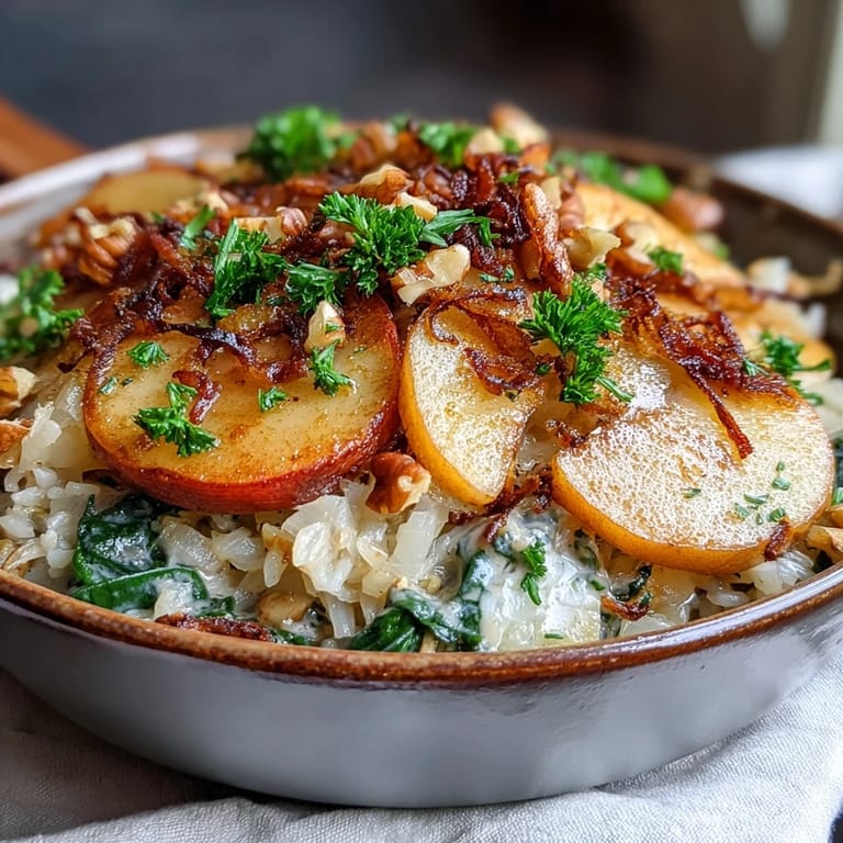 Hearty Warm Apple and Sauerkraut Skillet Salad served on a platter with toasted walnuts and fresh parsley.