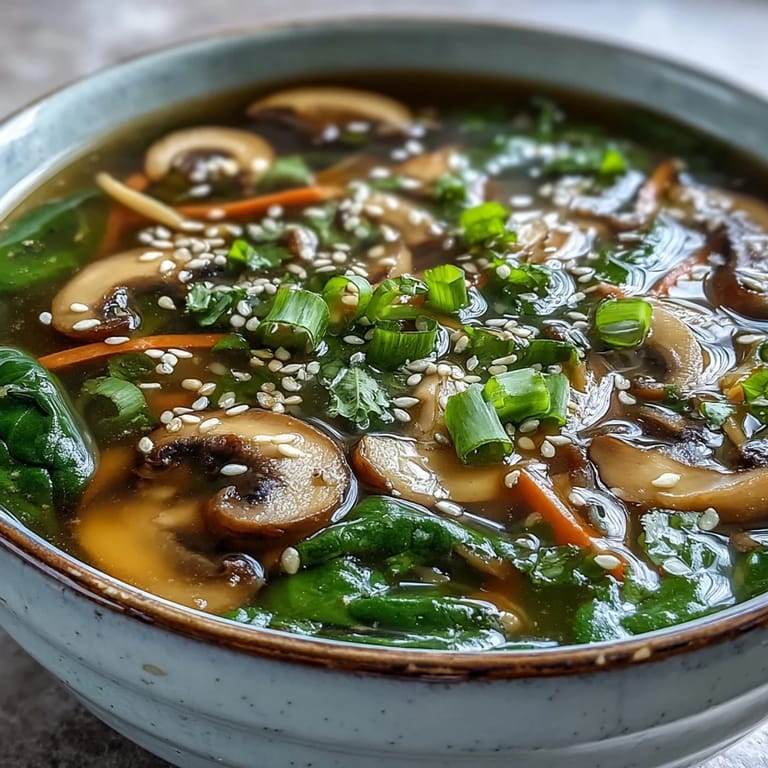 Vibrant Miso Ginger Winter Soup with shiitake mushrooms and spinach, perfect for a cozy dinner.