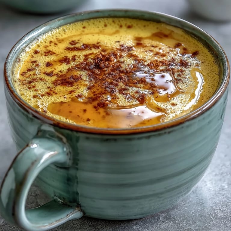 Two warm mugs of Turmeric and Ginger Golden Milk with a honey dipper and fresh ginger beside it. 