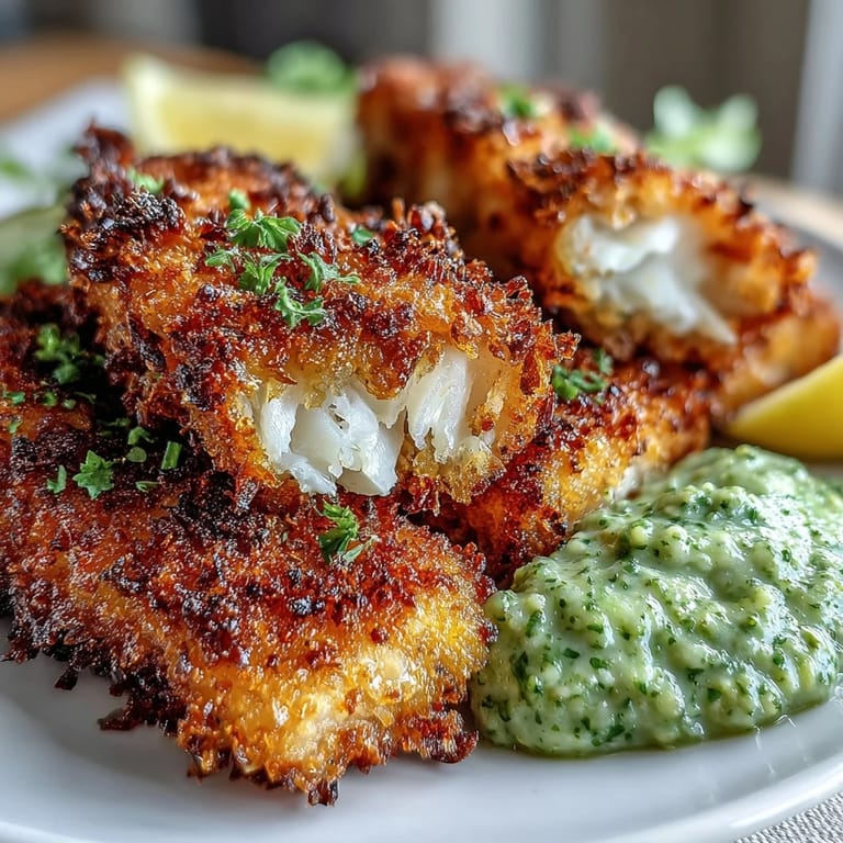Freshly baked Haddock Goujons With Parmesan Crust paired with vibrant green pea pesto for a weeknight dinner.