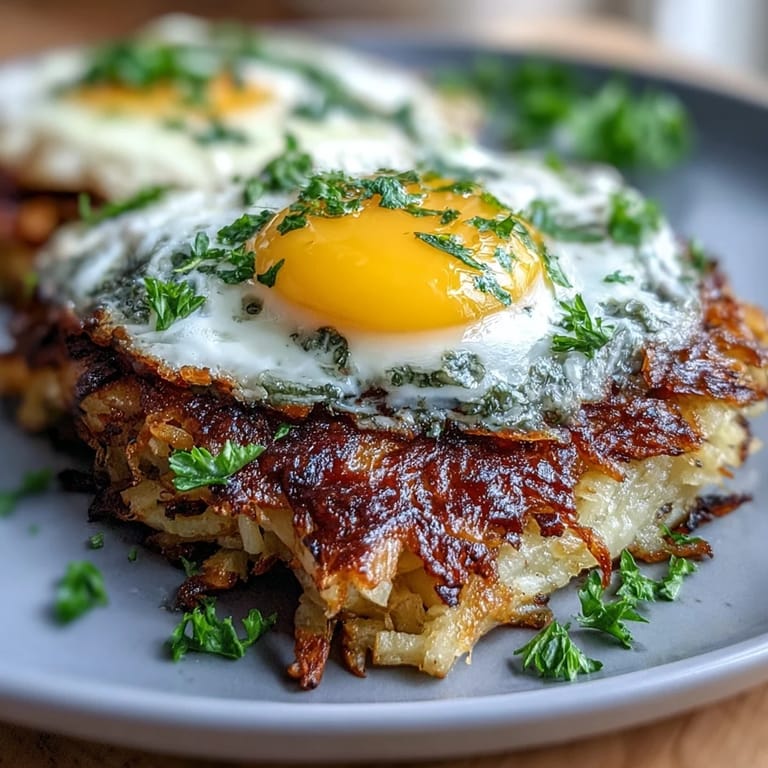Spicy harissa yogurt and runny fried eggs contrast warmly over a golden Celeriac Rösti with Harissa Yogurt and Fried Eggs.