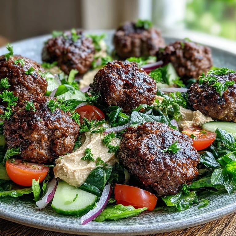Garnished venison meatballs served over hummus with a fresh cucumber and tomato salad for a vibrant family meal.