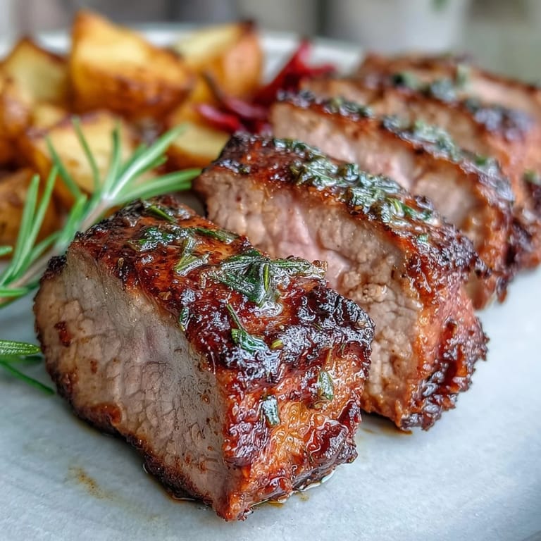 Roasted Marinated Ibérico Pork Fillet garnished with fresh rosemary, served with caramelized red peppers and crispy potatoes.