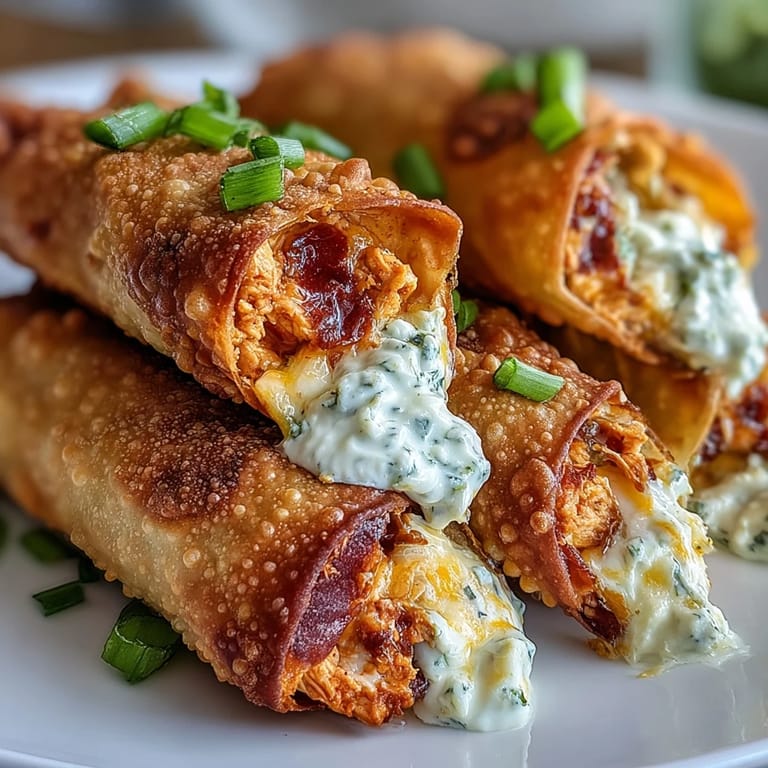 Buffalo Chicken Dip Egg Rolls show crispy wrappers split open to reveal spicy chicken and melty cheddar filling, served on a wooden board.