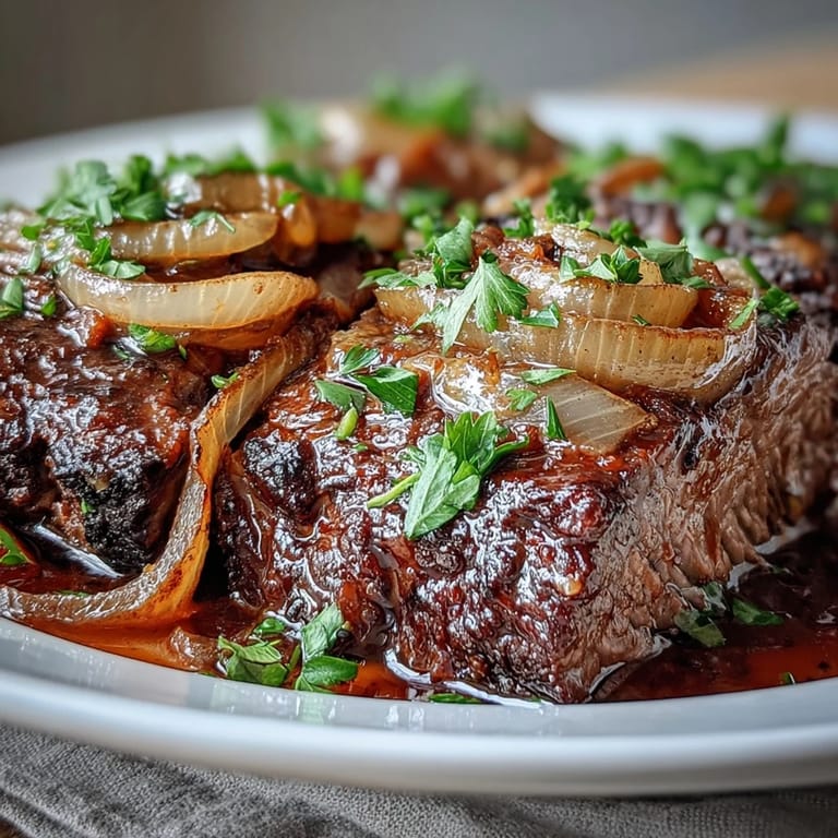 This slow-cooked Savory Crock Pot French Onion Pot Roast is served steaming in a bowl, perfect over mashed potatoes.