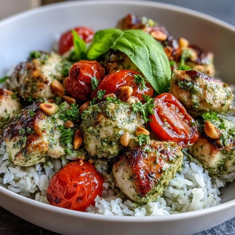 Freshly cooked Pesto Chicken Bowl featuring tender marinated chicken, fluffy rice, and a colorful medley of vegetables and herbs for a healthy meal.