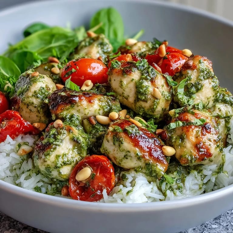 Vibrant Pesto Chicken Bowl garnished with pine nuts and basil, served warm with spinach, cucumber, tomatoes, and creamy avocado slices.