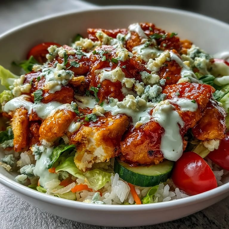 Spicy Buffalo Chicken Bowl topped with tangy blue cheese crumbles, shredded carrots, and sliced cucumber for a refreshing crunch.