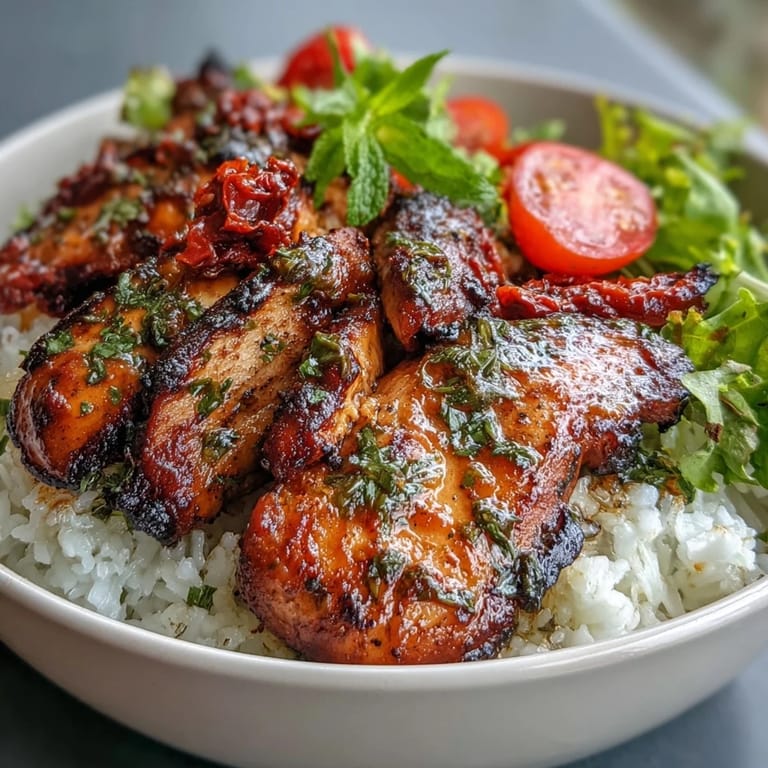 A close-up of golden chicken, bright cherry tomatoes, and pine nuts in a Sun-Dried Tomato Chicken Bowl.