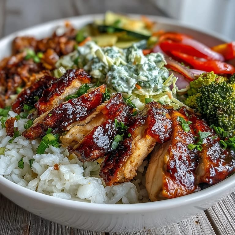 Juicy BBQ-glazed chicken slices rest on white rice alongside colorful roasted veggies and creamy slaw.