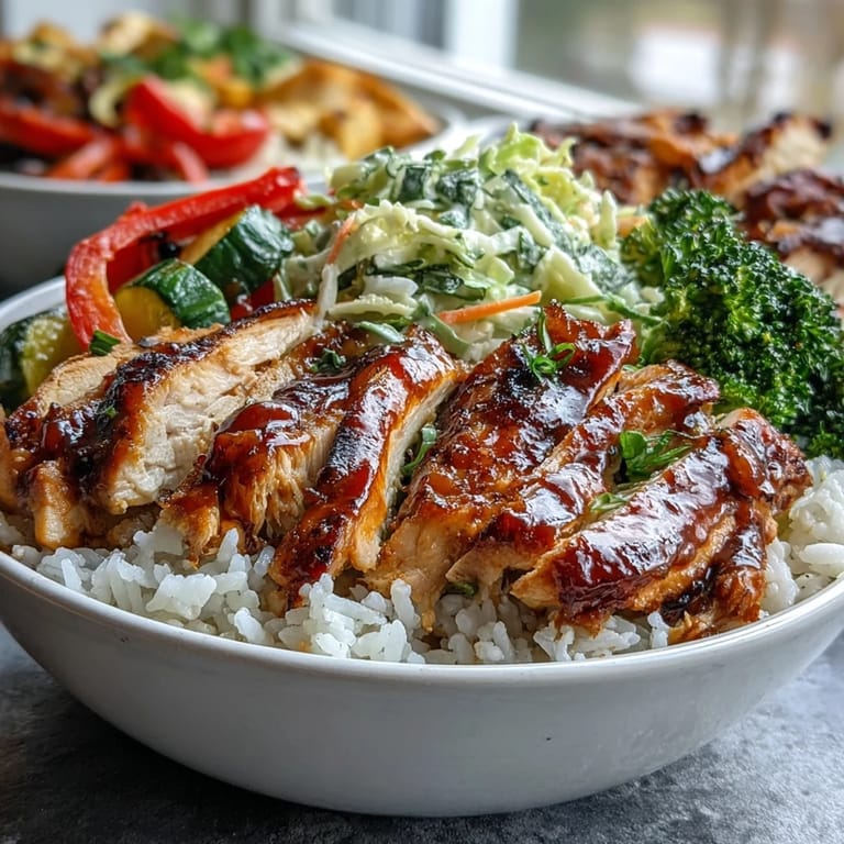 Deconstructed BBQ Chicken Bowl showing glazed chicken, rice, crunchy slaw, and peppers on a marble counter.
