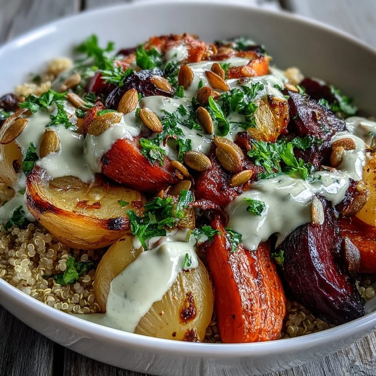 Golden, caramelized root vegetables on a bed of quinoa, generously drizzled with tangy tahini sauce for a healthy meal.