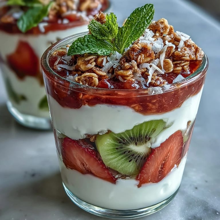 Lush guava parfait topped with crunchy granola, coconut flakes, and mint for a tropical breakfast.