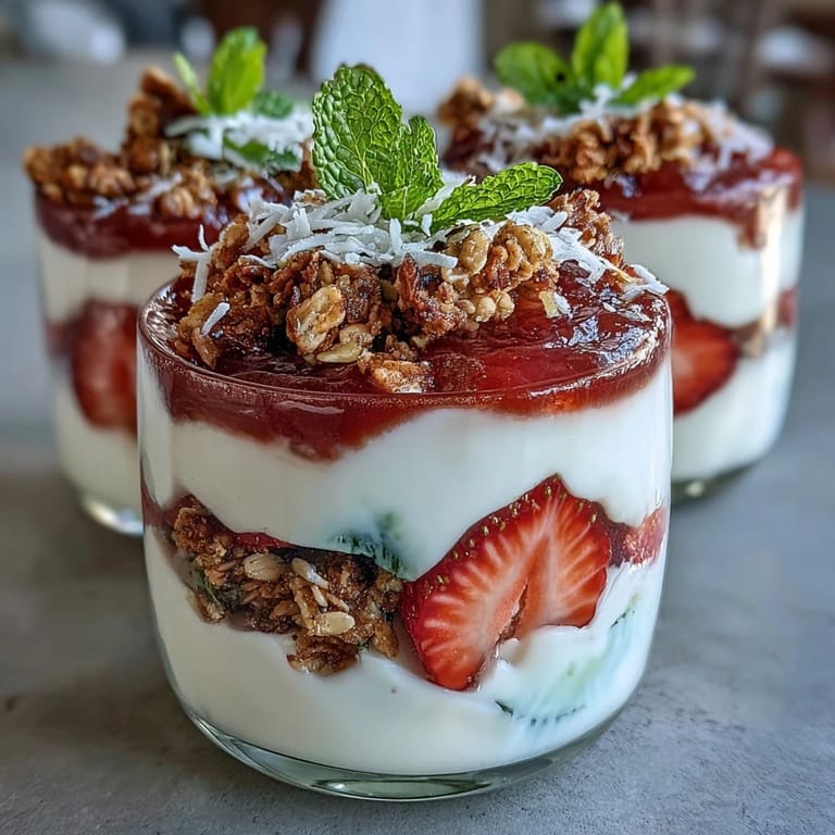 Clear glass jar showcasing layers of guava jam, Greek yogurt, strawberries, kiwi, and granola.