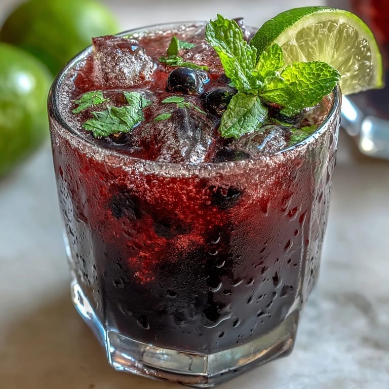 A vibrant Black Currant Mojito with deep purple juice and mint garnish, perfect for a refreshing summer sip.