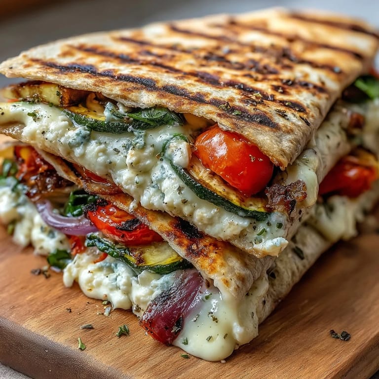 Freshly grilled vegetable and feta quesadilla sliced into wedges on a rustic wooden board.