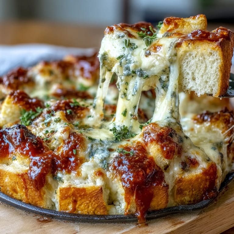 Melted cheese pulls away from hearty Cheesy Garlic Bread Lasagna Skillet beside fresh parsley and salad.