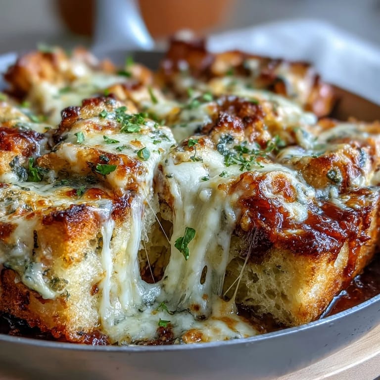 Hearty skillet of Cheesy Garlic Bread Lasagna Skillet with golden garlic bread cubes and rich red sauce.