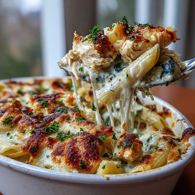 A close-up of creamy Greek Yogurt Chicken Alfredo Bake in a white dish, featuring penne pasta and tender shredded chicken.