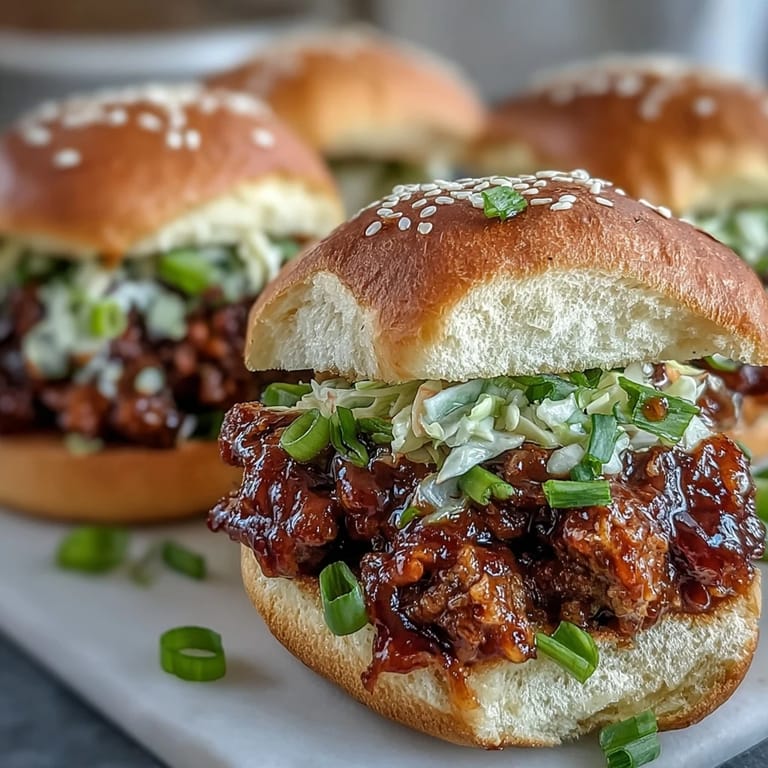 A close-up of Korean Turkey Sloppy Joe Sliders with spicy ground turkey filling and tangy slaw.