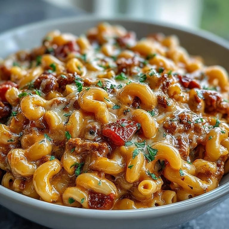 Easy One-Pot Tex-Mex Chili Mac with Corn mixed with black beans and red bell peppers in a skillet.