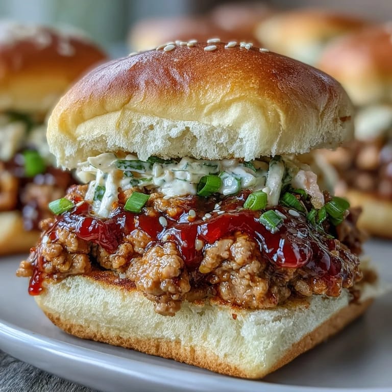 Sweet and spicy Korean Turkey Sloppy Joe Sliders with tangy slaw, garnished with sesame seeds on a toasty bun.