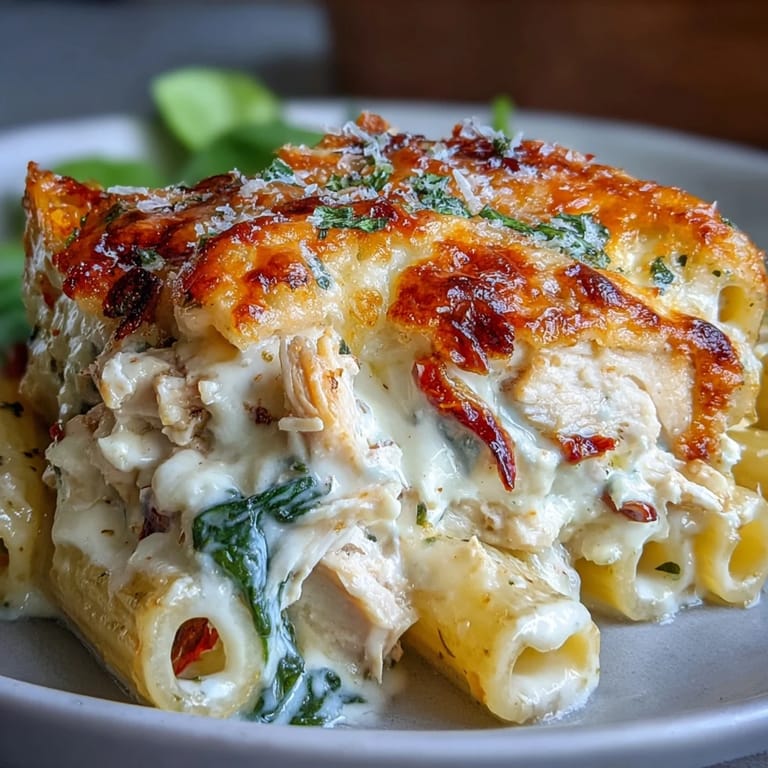 Hearty pasta bake with shredded chicken and spinach, served hot in a rustic white baking dish.