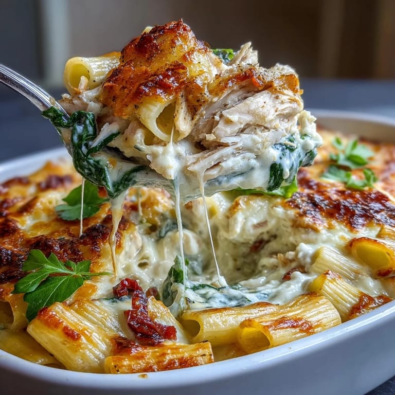 Close-up view of creamy Greek Yogurt Chicken Alfredo Bake, highlighting bubbling mozzarella and sun-dried tomatoes.