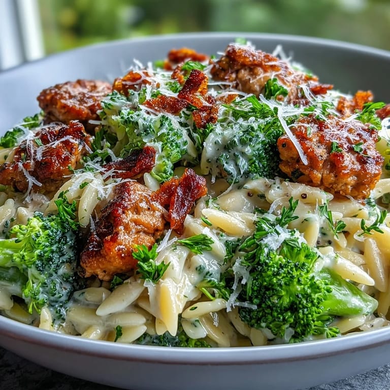 Creamy Garlic Turkey & Broccoli Orzo spooned into a white bowl, tender broccoli florets and juicy turkey in a rich, silky garlic sauce.