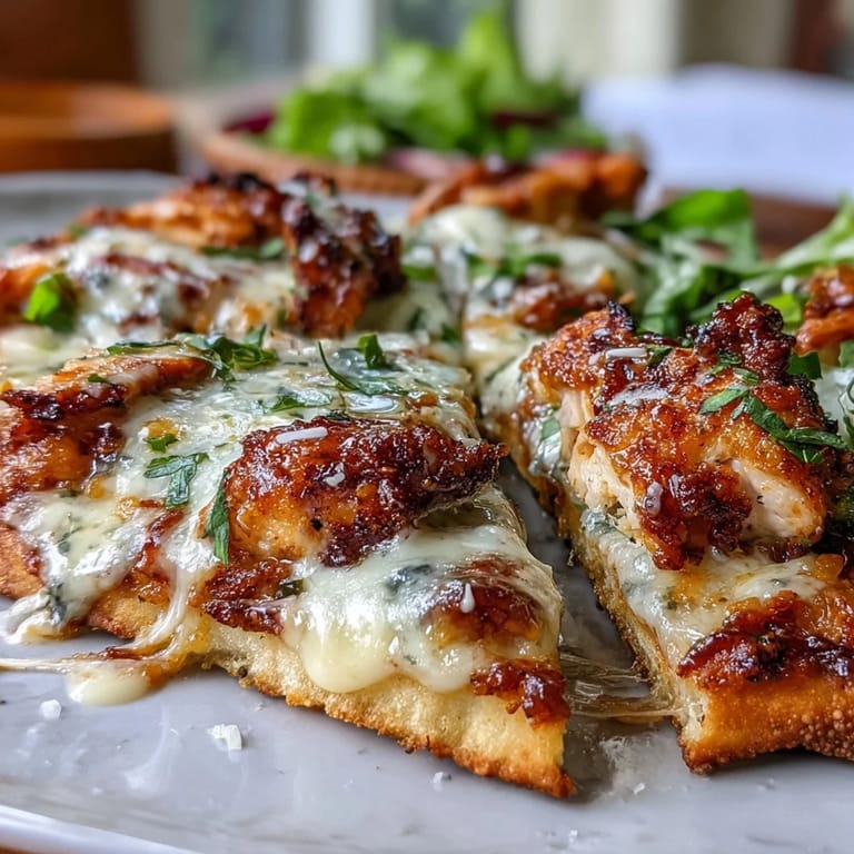 Freshly chopped romaine and creamy Caesar dressing crown cheesy Garlic Naan Chicken Caesar Pizzas served warm on a golden-brown naan crust.