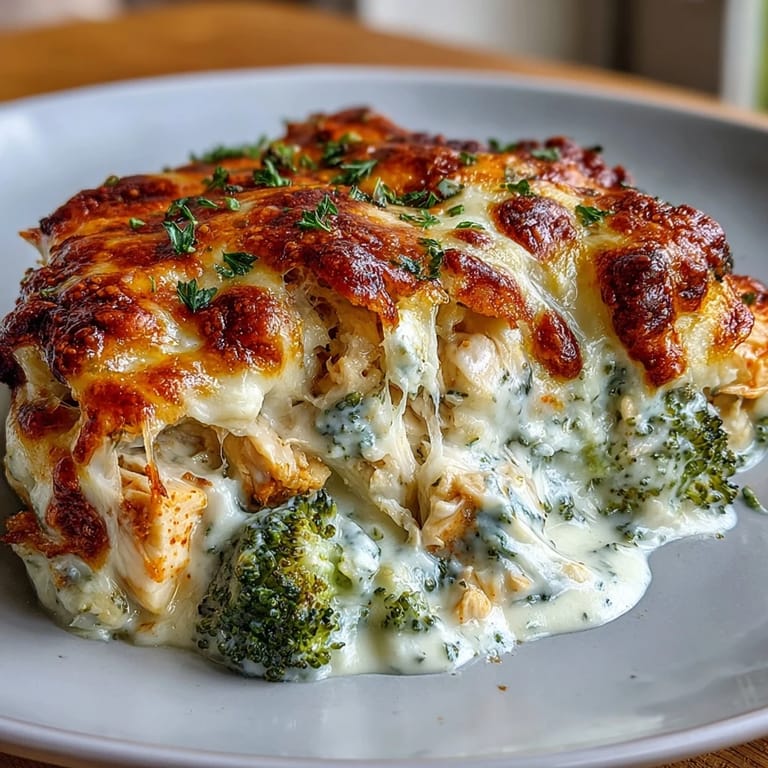A creamy, low-carb casserole served in a white baking dish, garnished with herbs for a delicious weeknight dinner.