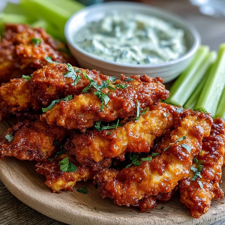 Low carb crispy chicken tenders tossed in tangy buffalo sauce and ranch dip.