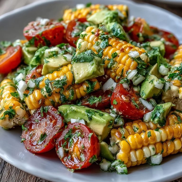 Bright summer Fresh Corn and Tomato Salad with Avocado and Lime in a rustic bowl, ready for a backyard BBQ.