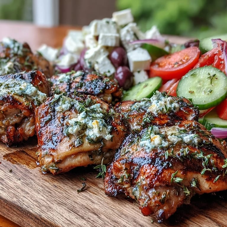 Enjoy a low carb Mediterranean dinner featuring golden grilled chicken thighs paired with a classic chopped Greek salad.