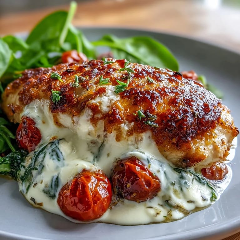 Oven-baked chicken breasts topped with Greek yogurt and spinach, garnished with cherry tomatoes for a low-carb Mediterranean meal.