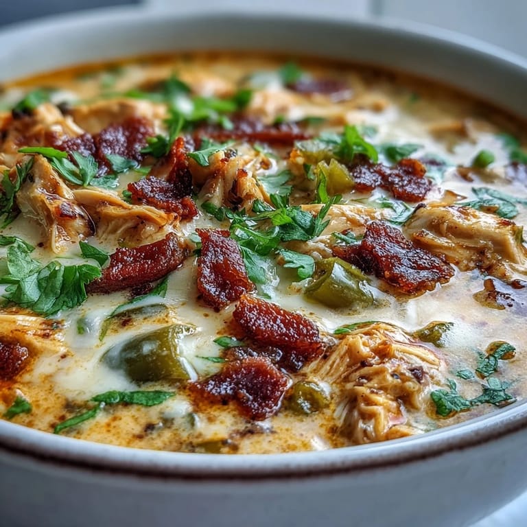 Comforting chicken soup inspired by jalapeño poppers, featuring rich cream cheese, cheddar, and a spicy jalapeño kick.