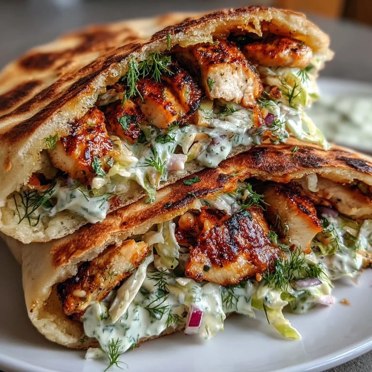 A medley of smoky chicken, crunchy cabbage, and carrots tucked into pita pockets, drizzled with herby ranch dressing for a bold, flavor-forward meal.