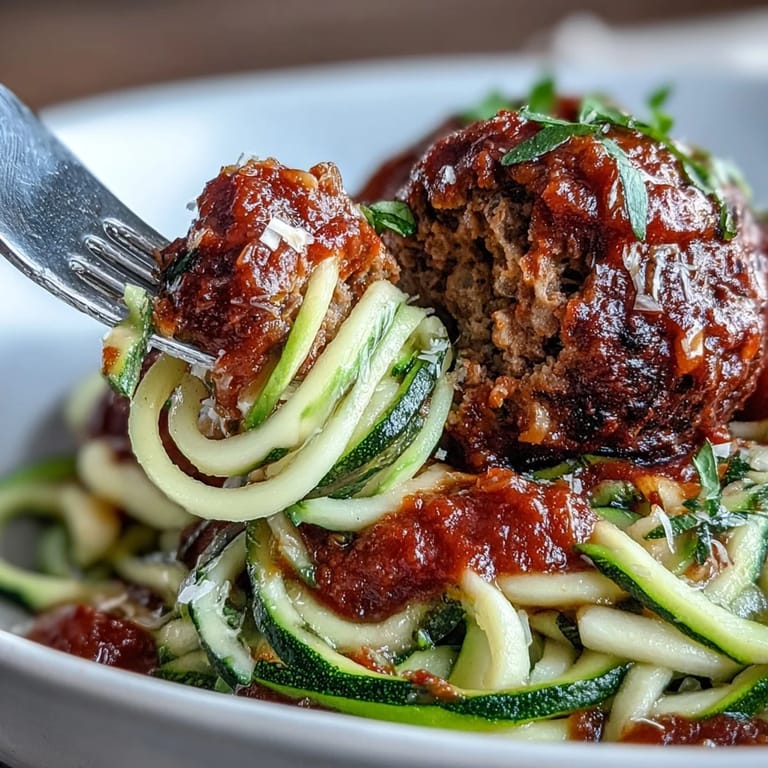 Golden-brown lentil meatballs smothered in classic marinara, served atop light zucchini noodles for a wholesome vegan Italian-inspired meal.
