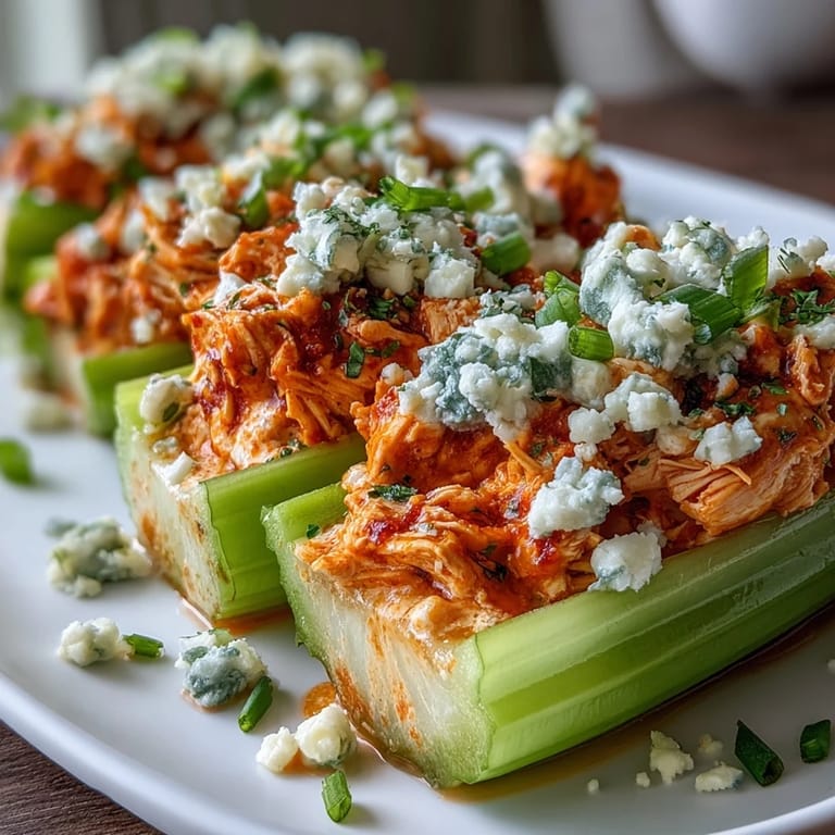 Spicy buffalo chicken mixture fills crisp celery stalks, finished with rich blue cheese crumbles for a bold, low-carb snack.