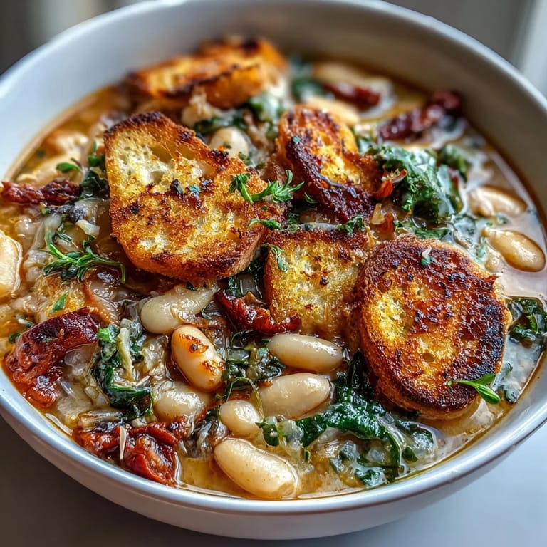 Warm Tuscan Ribollita soup brimming with kale, white beans, and aromatic herbs, topped with golden sourdough croutons for added crunch and flavor.  