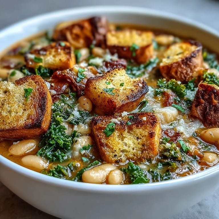 Hearty Italian Ribollita featuring tender white beans, seasonal vegetables, and rustic sourdough croutons, finished with a drizzle of olive oil for rich depth.