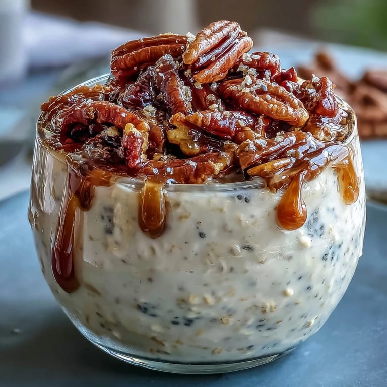 Two servings of overnight oats with candied pecans and maple syrup, perfect for a make-ahead, wholesome breakfast.