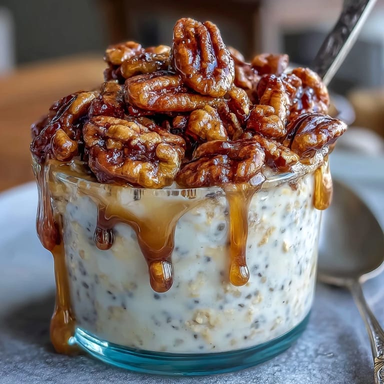 Velvety overnight oats with chia seeds, garnished with golden-brown candied pecans and a swirl of rich maple syrup.