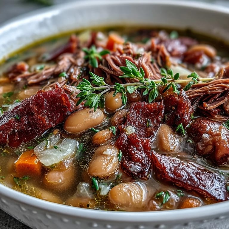 Homemade ham and navy bean soup, brimming with navy beans, diced ham, and aromatic thyme, perfect for a chilly day.