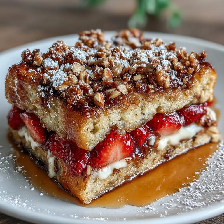 Make-ahead strawberry French toast bake with creamy custard, juicy berries, and a buttery cinnamon streusel topping.