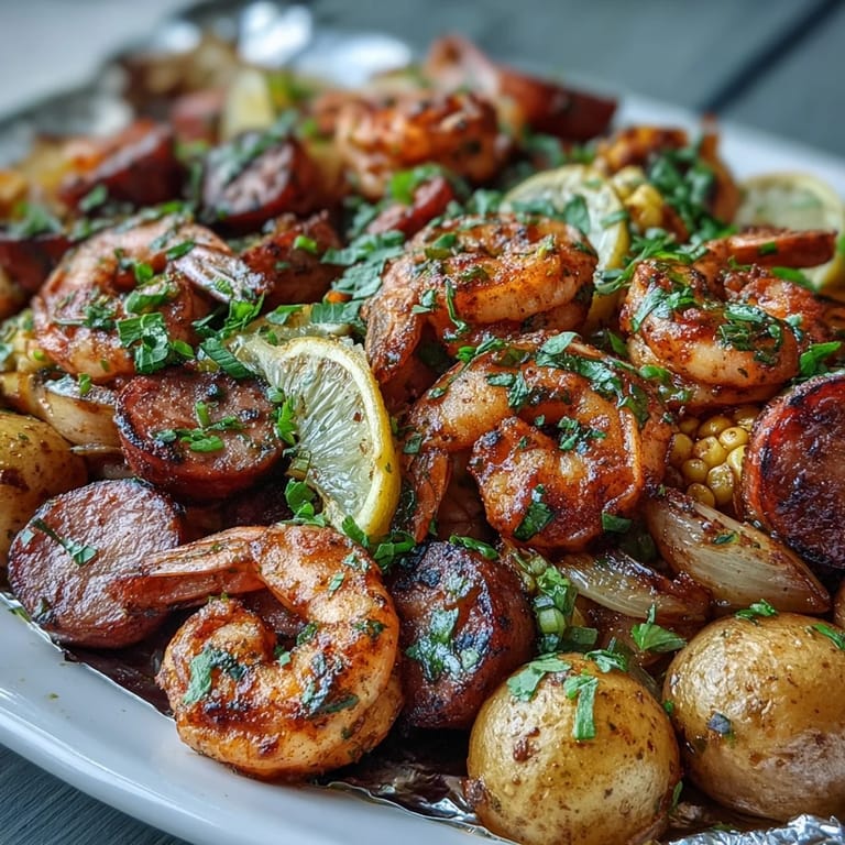 Golden shrimp and smoky sausage mingle with baby potatoes and corn, all tossed in zesty Old Bay seasoning and baked in easy foil packets.