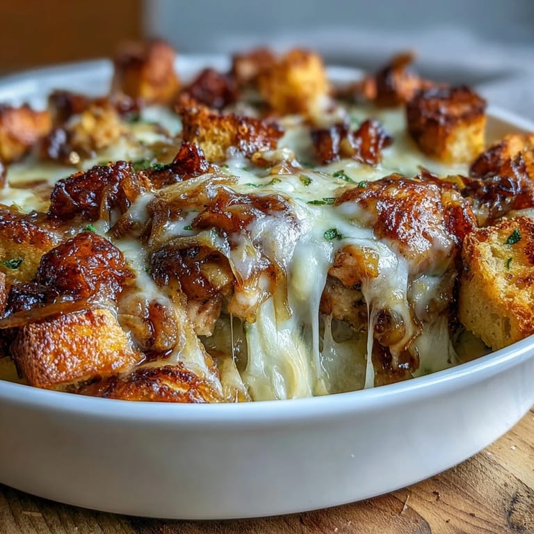 Tender bone-in chicken thighs nestled in deeply caramelized onions, finished with a golden sourdough topping and bubbling cheese for a hearty French onion twist.