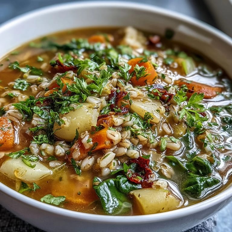 A vibrant bowl of warm vegetable soup with barley, featuring tender root vegetables, fresh greens, and aromatic herbs.
