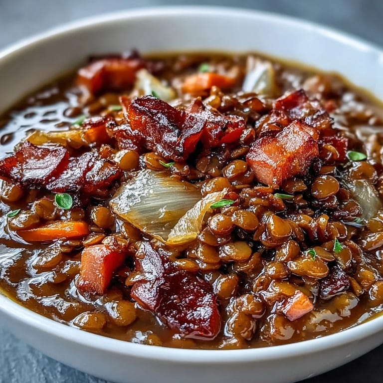 Hearty one-pot ham, onion, and lentil stew served hot, with vibrant carrots and celery in a savory broth.